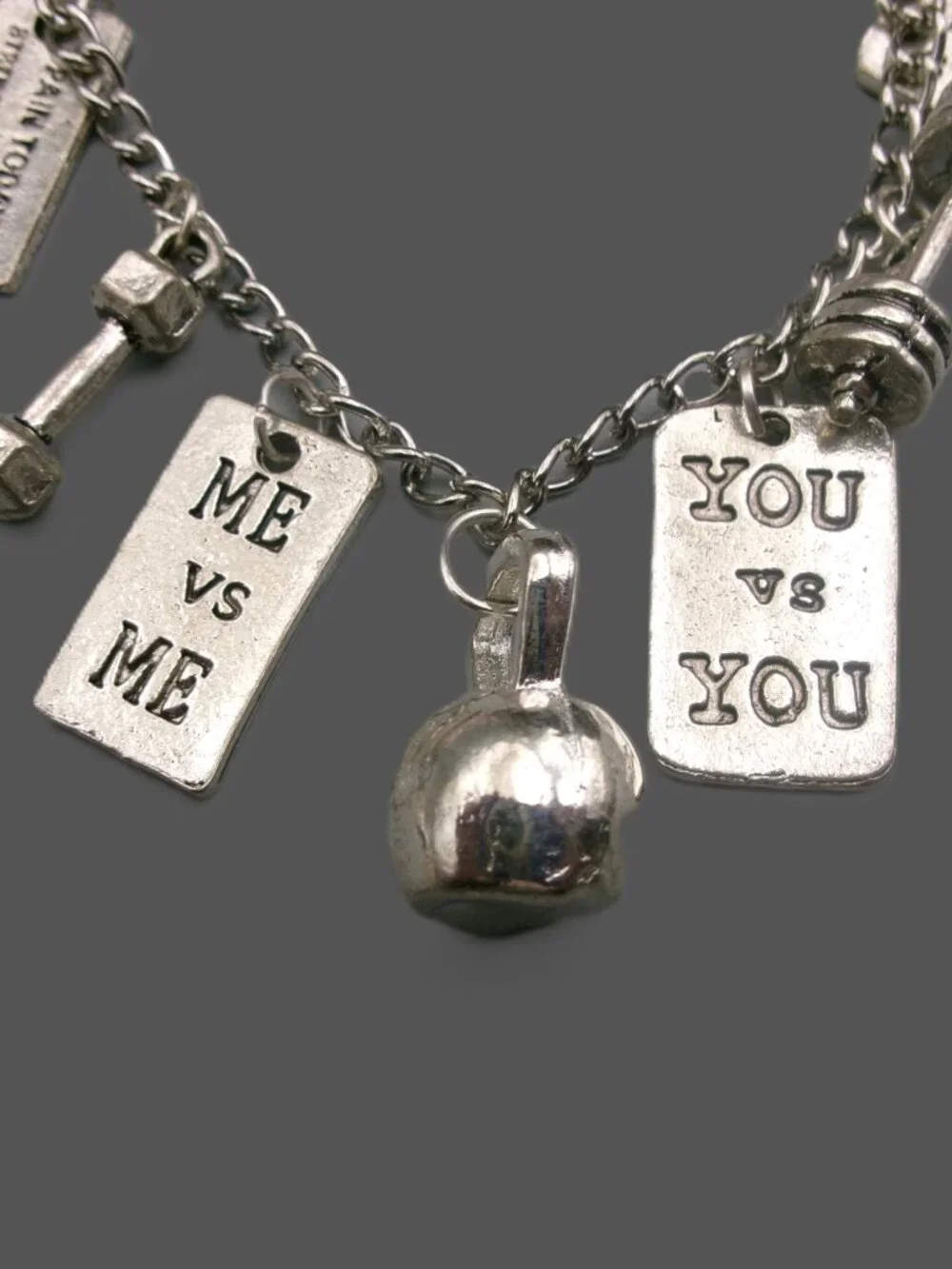Silver Gym Fitness Motivational Charm Bracelet, Weigts, Dumbbell, Kettle Ball